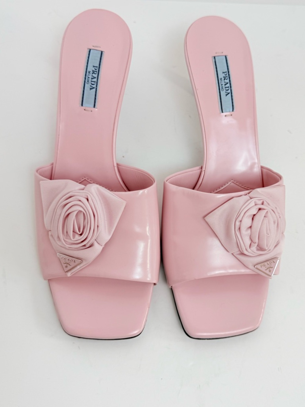 Prada Pink Rosette Triangle logo Square Toe slide Mule kitten Heels EU 39 US 9 - Picture 11 of 13